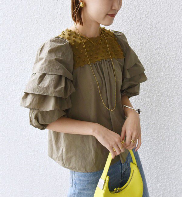 SHIPS for women「【WEB限定】〈手洗い可能〉ドット ジャカード コンビ フリル ブラウス」|シャツ・ブラウス|オリーブ