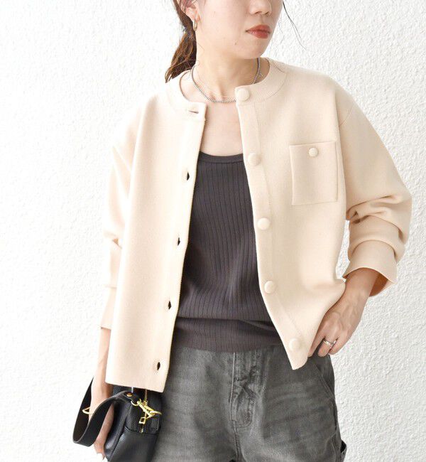 SHIPS any「《一部追加予約》SHIPS any: ミラノリブ ノーカラー ニット ジャケット カーディガン」|カーディガン|ナチュラル