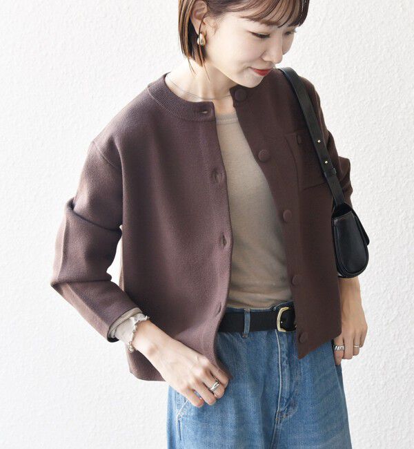 SHIPS any「《一部追加予約》SHIPS any: ミラノリブ ノーカラー ニット ジャケット カーディガン」|カーディガン|ブラウン