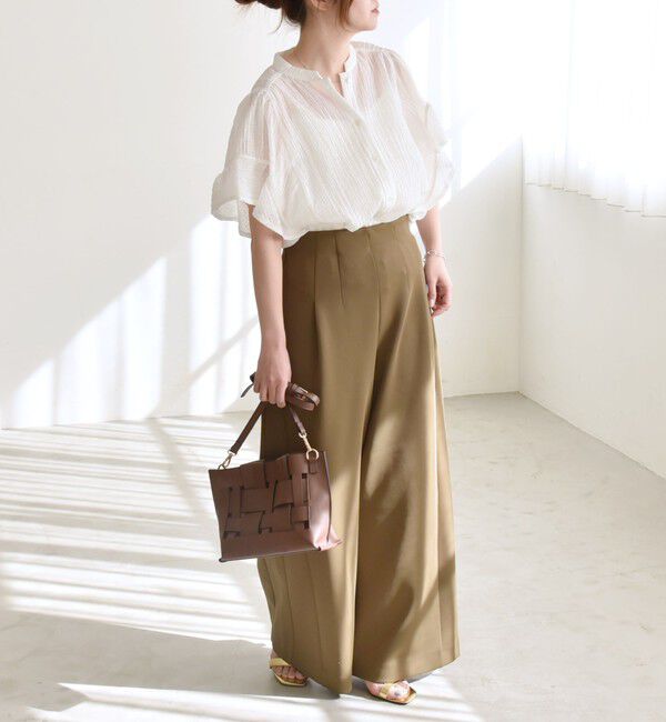 quaranciel「quaranciel:〈洗濯機可能〉スタンドカラー シアー フリル ハーフスリーブ ブラウス」|シャツ・ブラウス|