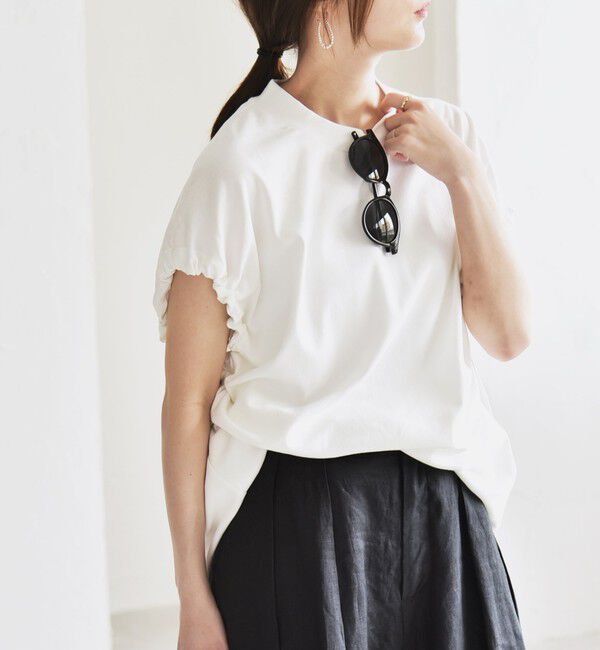 quaranciel「quaranciel:〈接触冷感/汗染み防止加工/洗濯機可能〉ドロスト ギャザー チュニック TEE」|Tシャツ・カットソー|