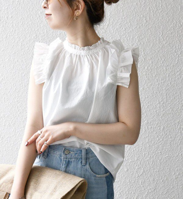 SHIPS any「SHIPS any:〈洗濯機可能〉ミニサッカー フリル スタンドカラー シャツ ブラウス」|シャツ・ブラウス|