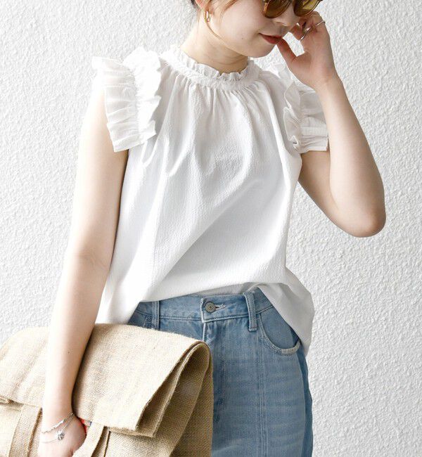 SHIPS any「SHIPS any:〈洗濯機可能〉ミニサッカー フリル スタンドカラー シャツ ブラウス」|シャツ・ブラウス|