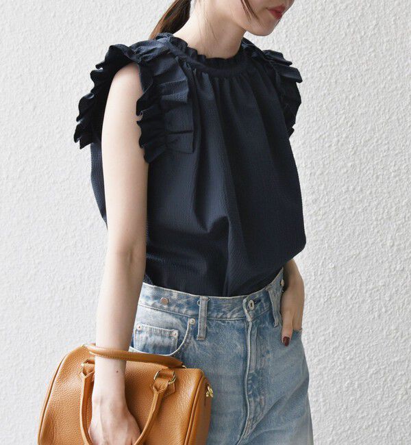 SHIPS any「SHIPS any:〈洗濯機可能〉ミニサッカー フリル スタンドカラー シャツ ブラウス」|シャツ・ブラウス|