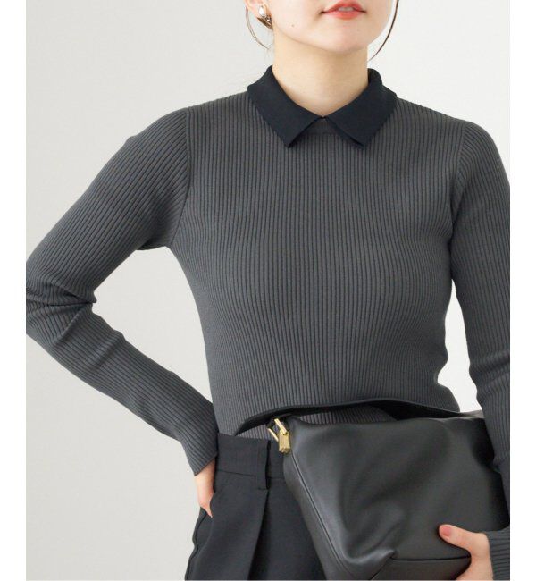 IENA「バイカラー 襟RIBホールガーメントプルオーバー」|ニット・セーター|グレー