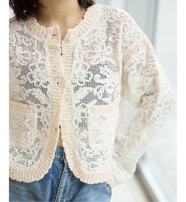 IENA LA BOUCLE「IENA LA BOUCLE レースコンビカーディガン」|カーディガン|ホワイト B