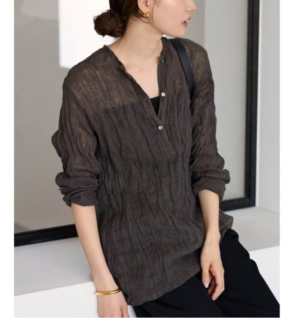 FRAMeWORK「≪追加≫LINENクレープヘンリーネックブラウス 2」|シャツ・ブラウス|ブラウン B