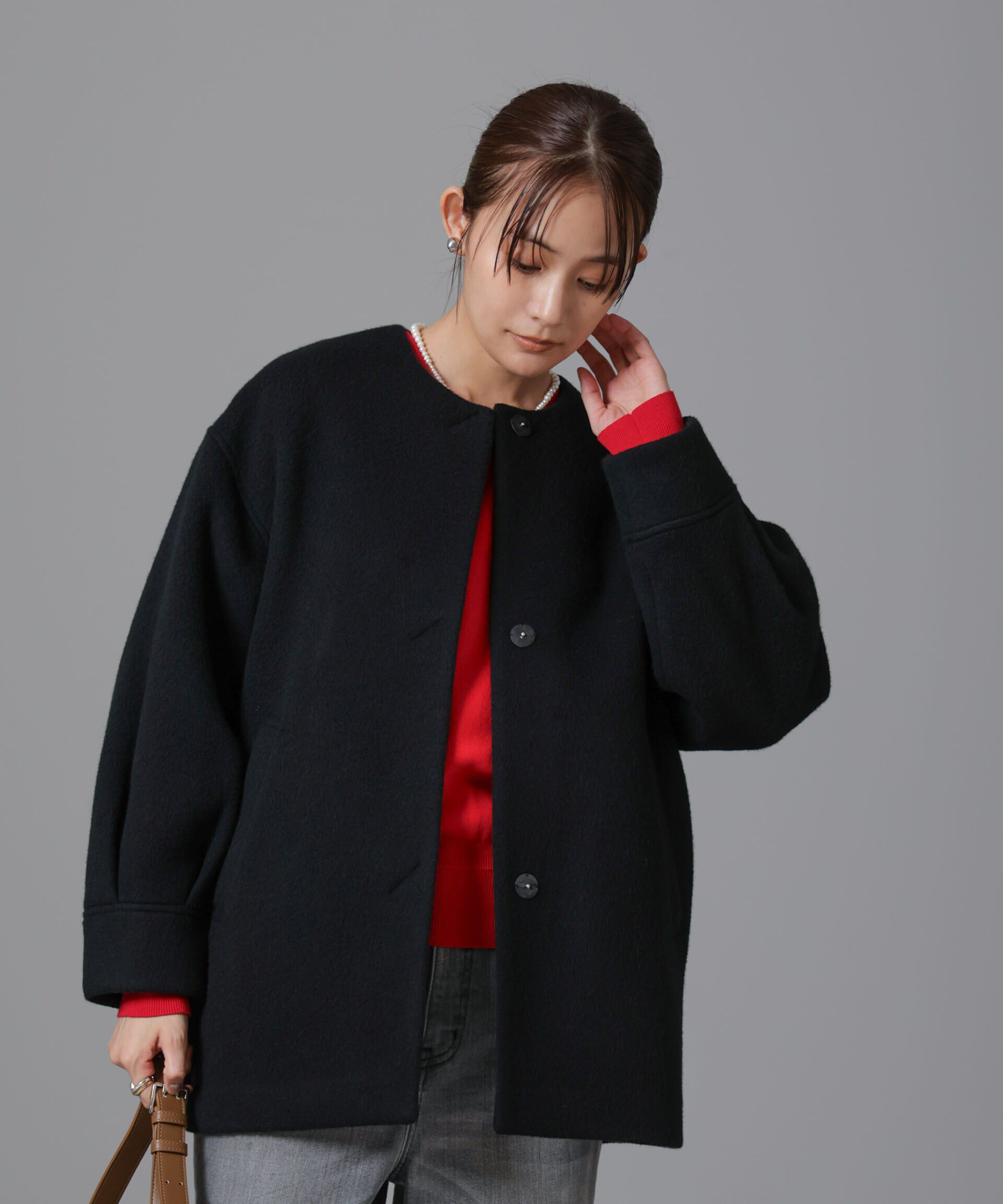 nano･universe「PECOLAMBウールカシミヤノーカラーミドル丈コート」|その他|ブラック