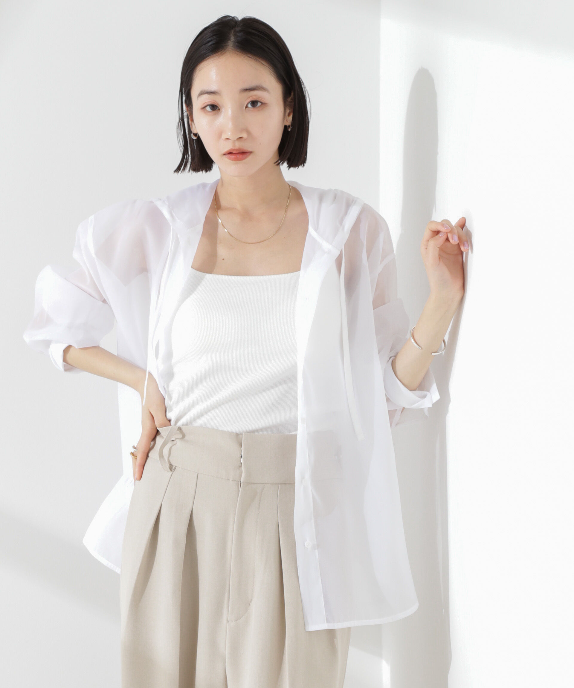 nano･universe「シアーフードシャツ」|シャツ・ブラウス|ホワイト