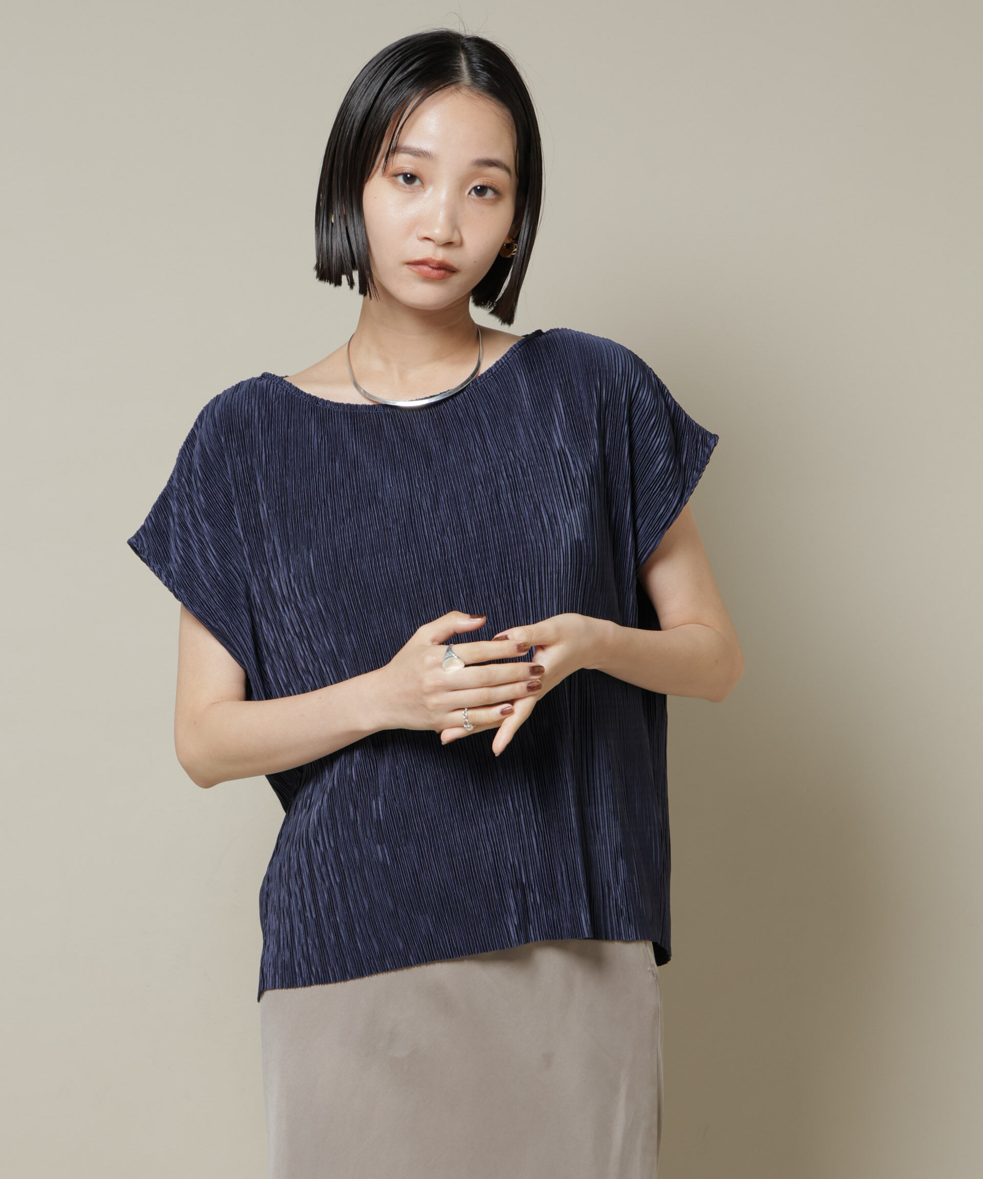 nano･universe「ランダムプリーツカットフレンチスリーブトップス(セットアップ可)」|Tシャツ・カットソー|ネイビー