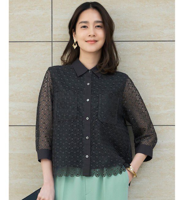 自由区「【SHIHOさん着用・洗える】ジオメトリックフラワーレースクロップド丈シャツ ブラウス」|シャツ・ブラウス|スレート