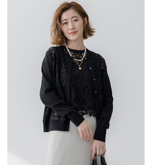 23区「【洗える】エンブロイダリーレース カーディガン」|カーディガン|ブラック系