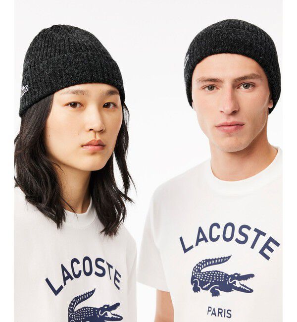 LACOSTE「メランジウールニットビーニー / ニットキャップ」|ニット帽|ブラック