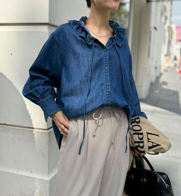 Rie Miller「【追加7回】【RM denim】フリルギャザーデニムブラウス」|シャツ・ブラウス|