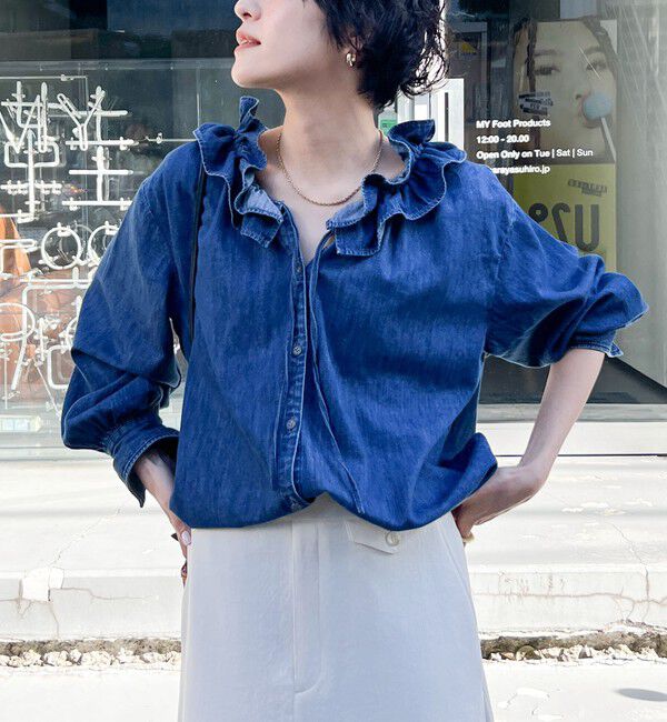 Rie Miller「【追加7回】【RM denim】フリルギャザーデニムブラウス」|シャツ・ブラウス|