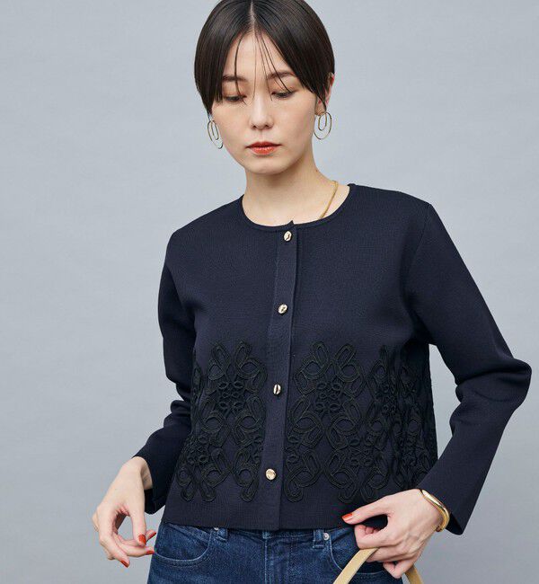 NOLLEY'S「レース付きクルーネックカーディガン」|カーディガン|