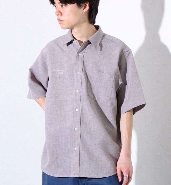 GLOSTER「【GLOSTER/グロスター】リネンライクキャンバス GOODNESS刺繍 半袖シャツ」|シャツ・ブラウス|グレイッシュベージュ