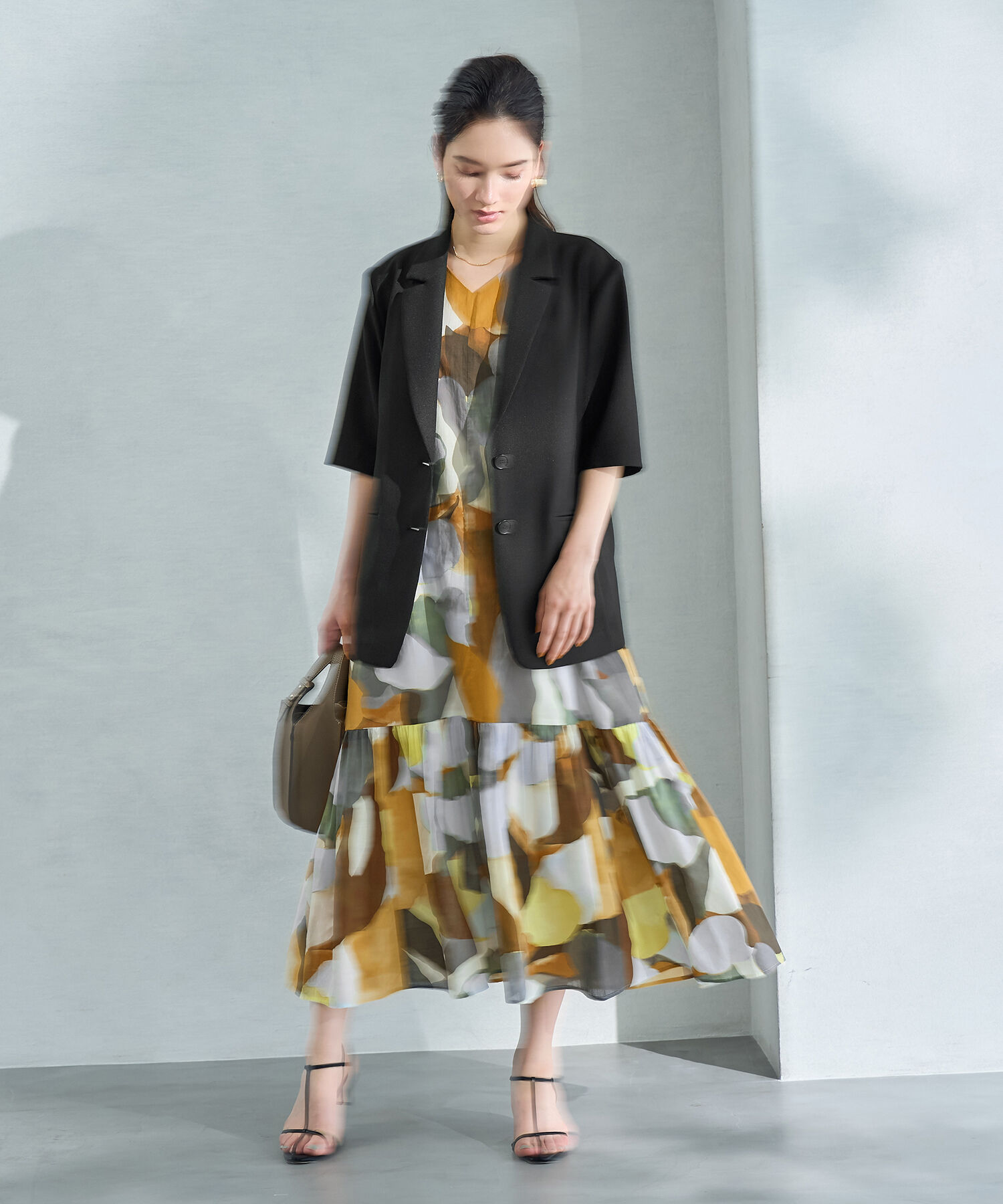 ROPE「プリント＆無地 ティアードワンピース」|ワンピース|