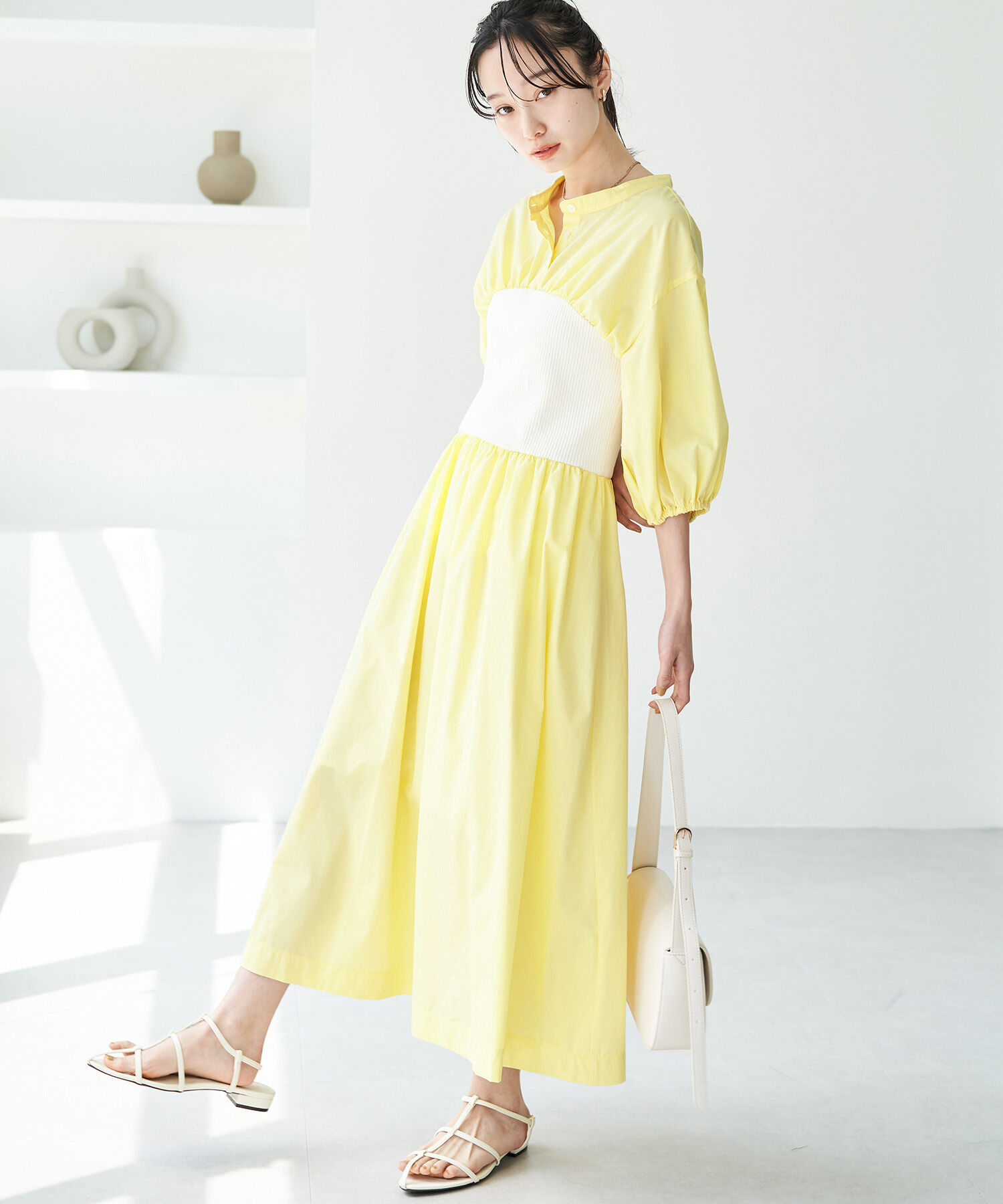 VIS「ストライプ＆無地ビスチェドッキングシャツワンピース」|その他|イエロー(80)