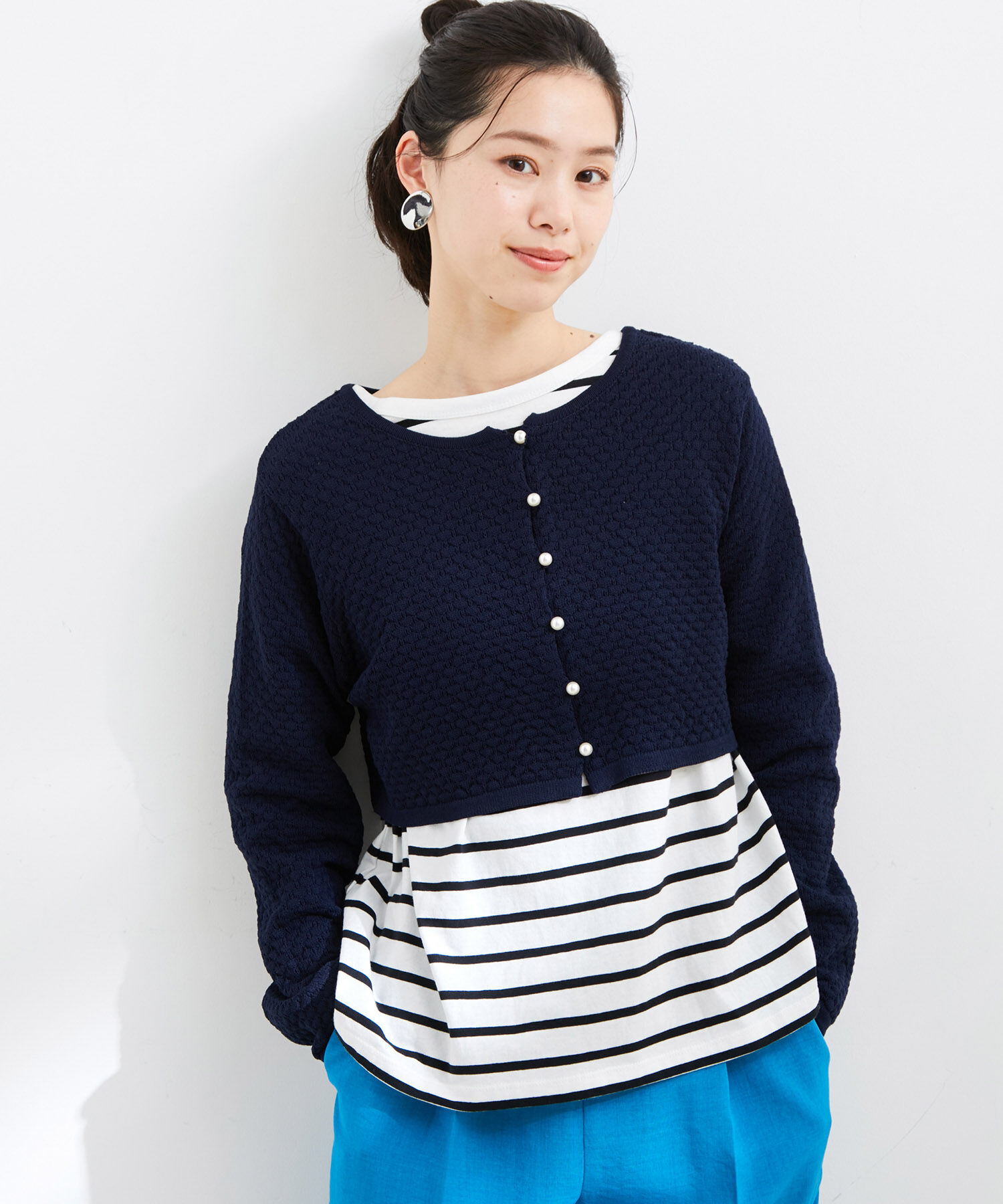 VIS「【前後2WAY】柄編みニットショートカーディガン」|カーディガン|ネイビー(40)