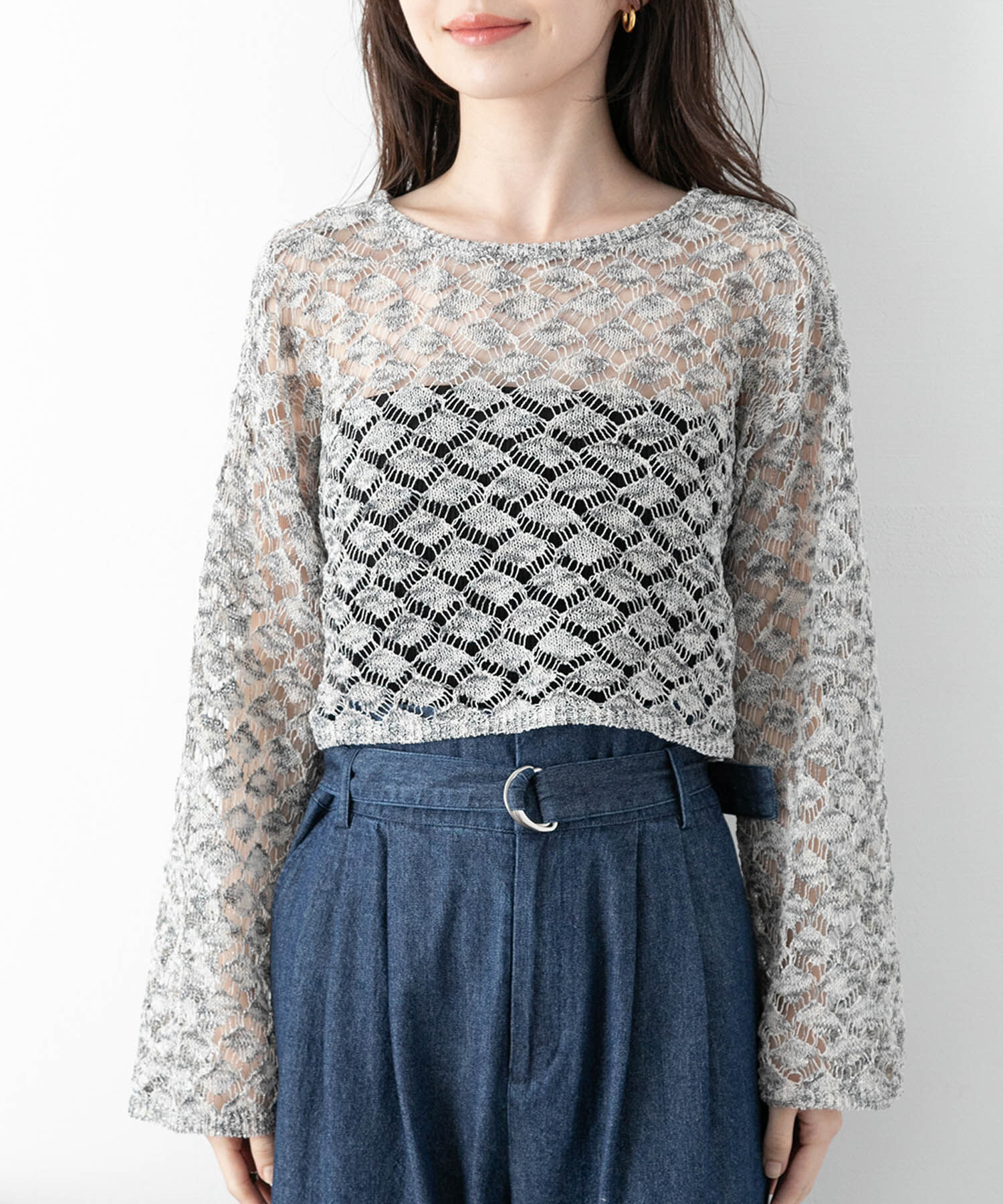 VIS「【前後2WAY】リネン混レースアップ透かしラメカーディガン」|カーディガン|