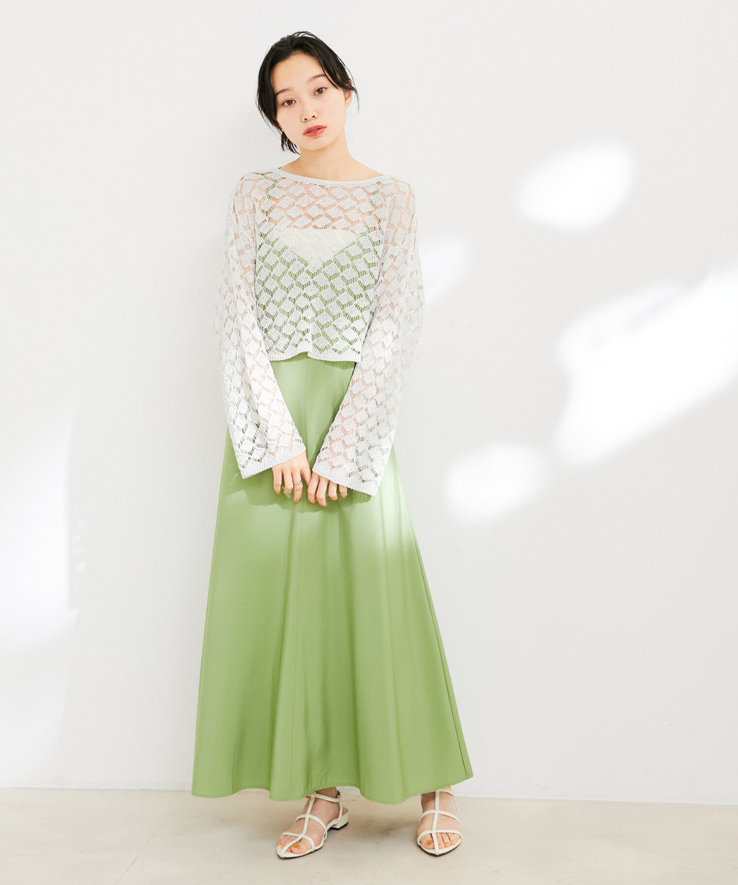 VIS「【前後2WAY】リネン混レースアップ透かしラメカーディガン」|カーディガン|