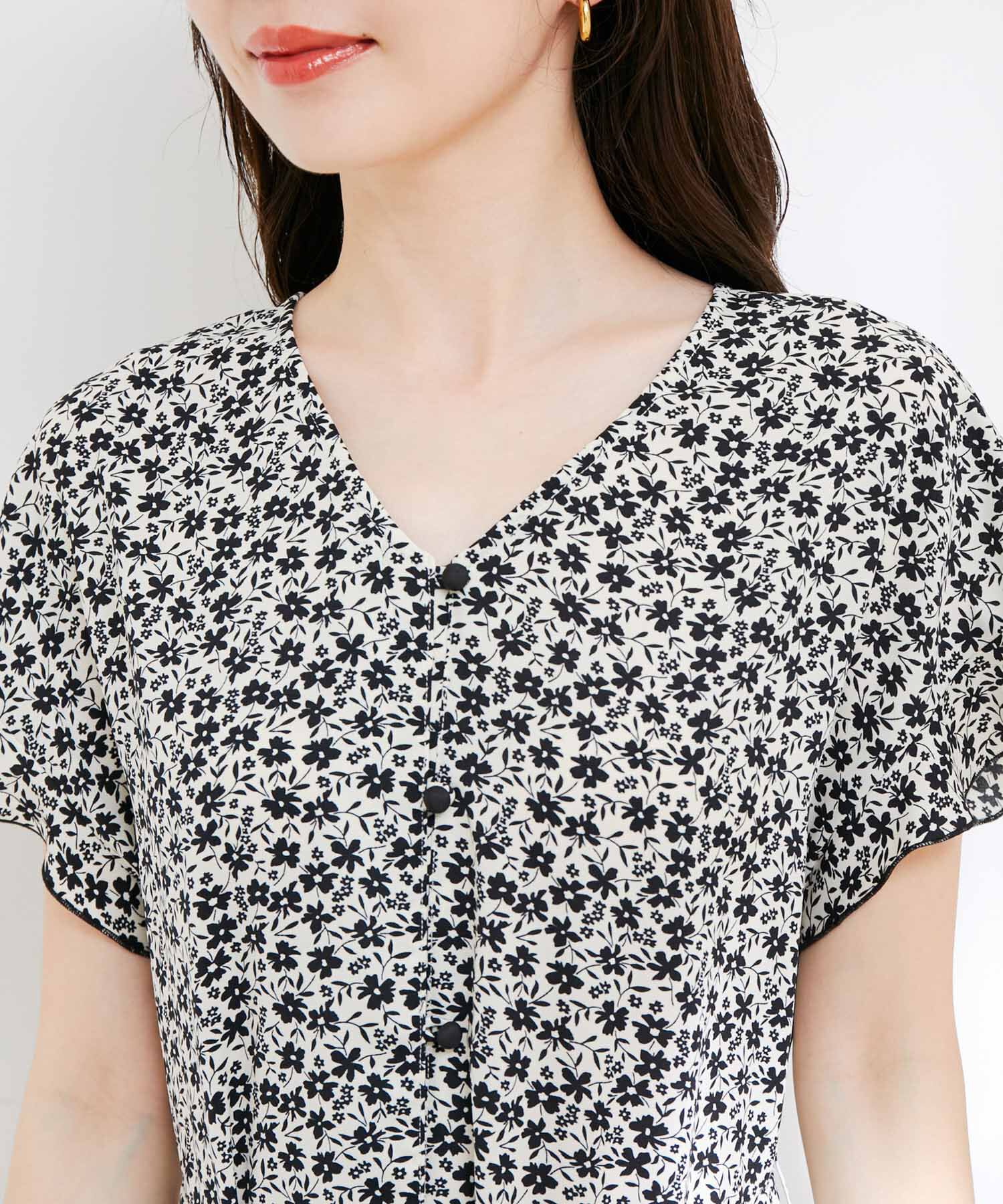 VIS「【洗える】【前後2WAY】花柄＆無地袖フリルワンピース」|ワンピース|