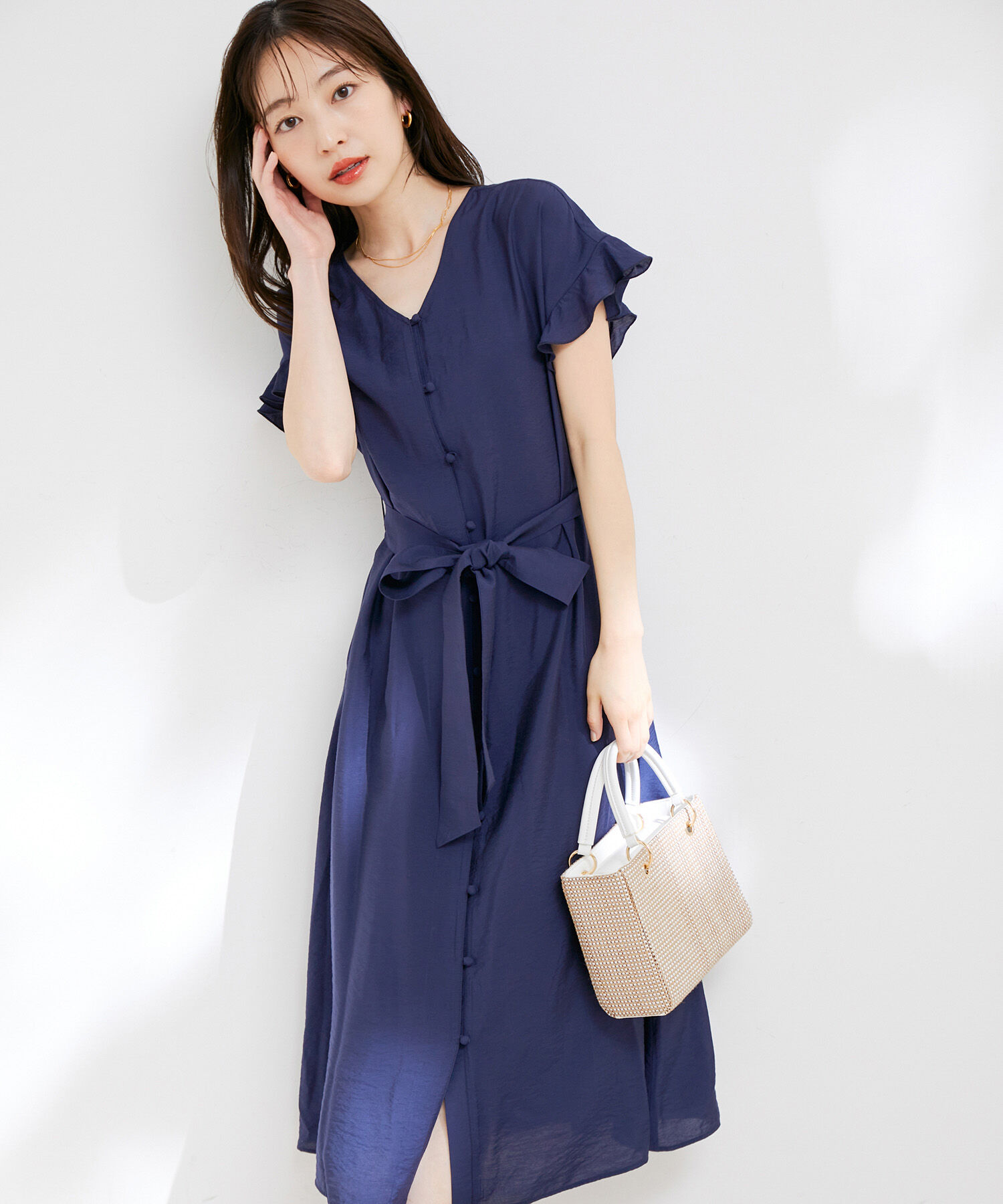 VIS「【洗える】【前後2WAY】花柄＆無地袖フリルワンピース」|ワンピース|