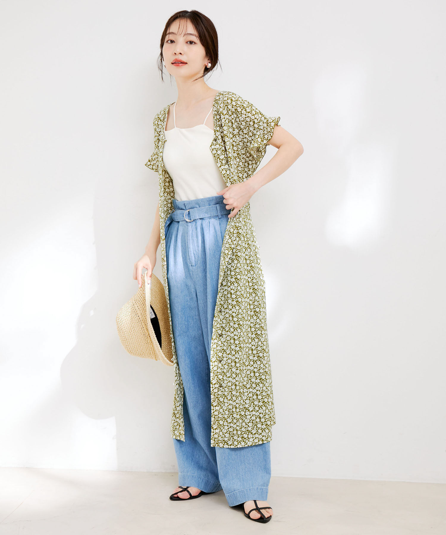 VIS「【洗える】【前後2WAY】花柄＆無地袖フリルワンピース」|ワンピース|