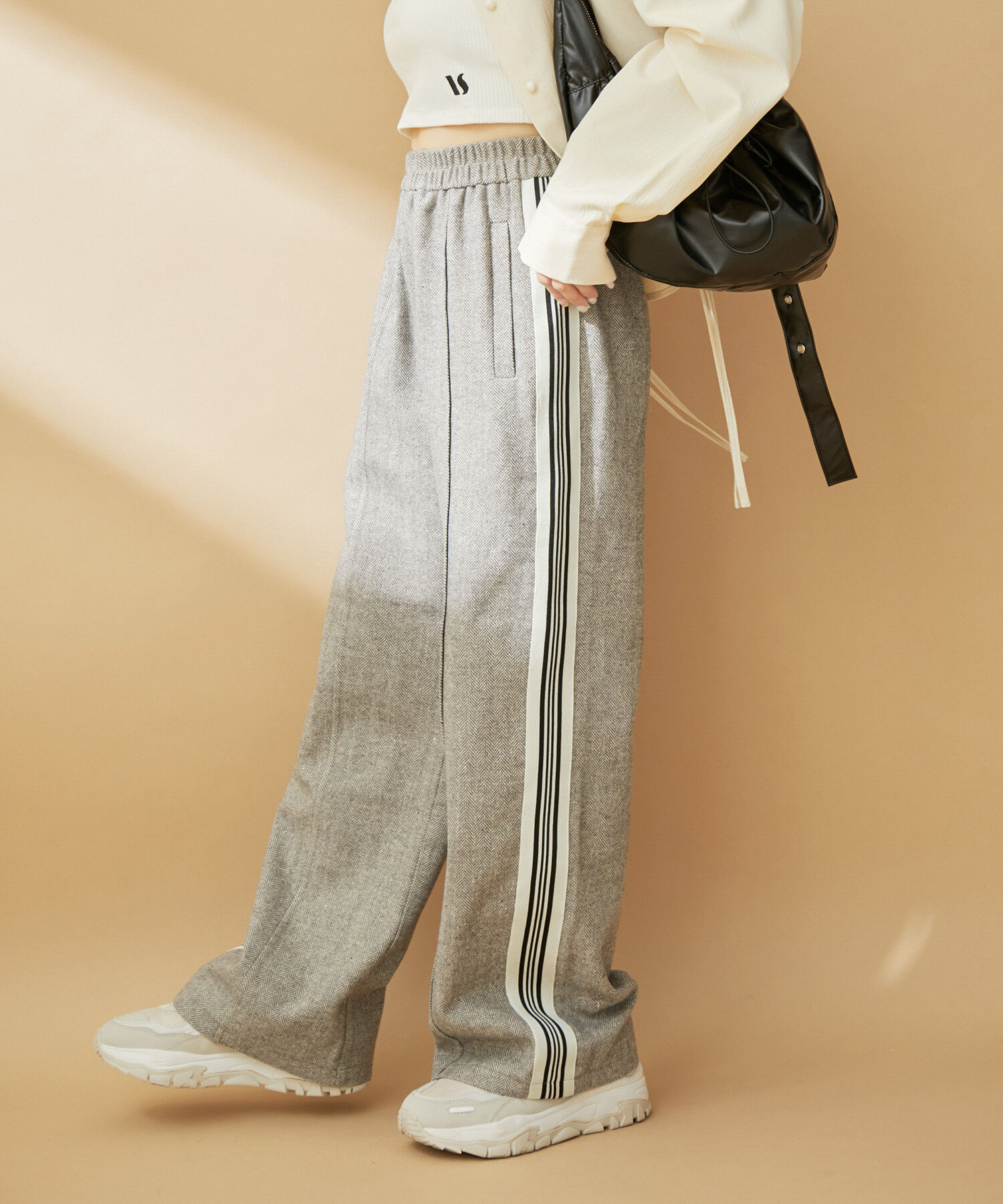 VIS「サイドライン入りワイドパンツ」|スラックス|グレー系(09)