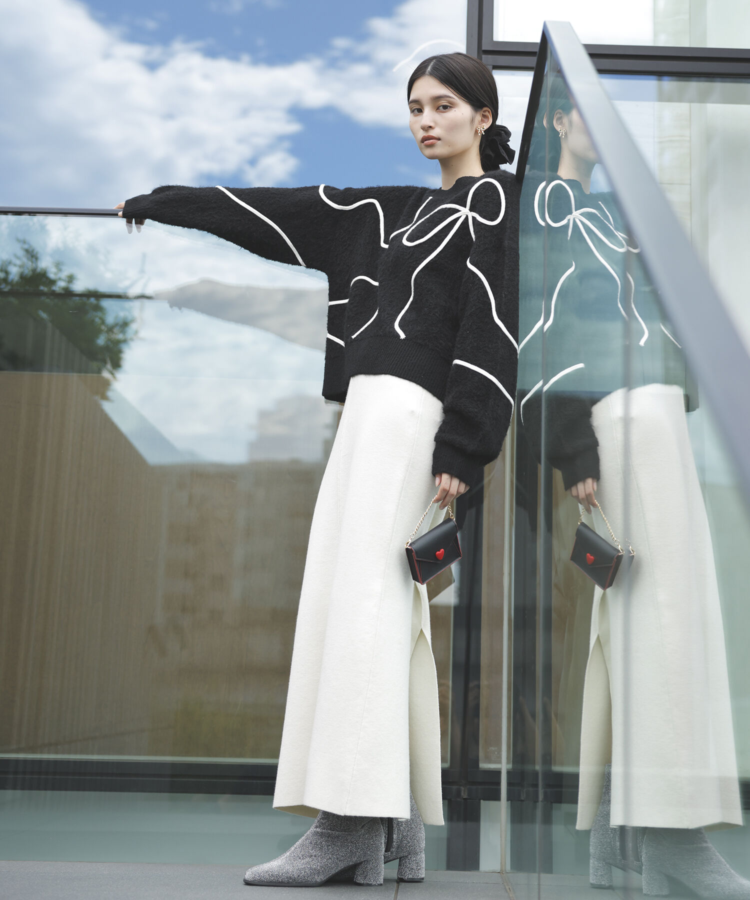 VIS「【洗える】ハート＆リボンコード刺繍ニットプルオーバー」|ニット・セーター|