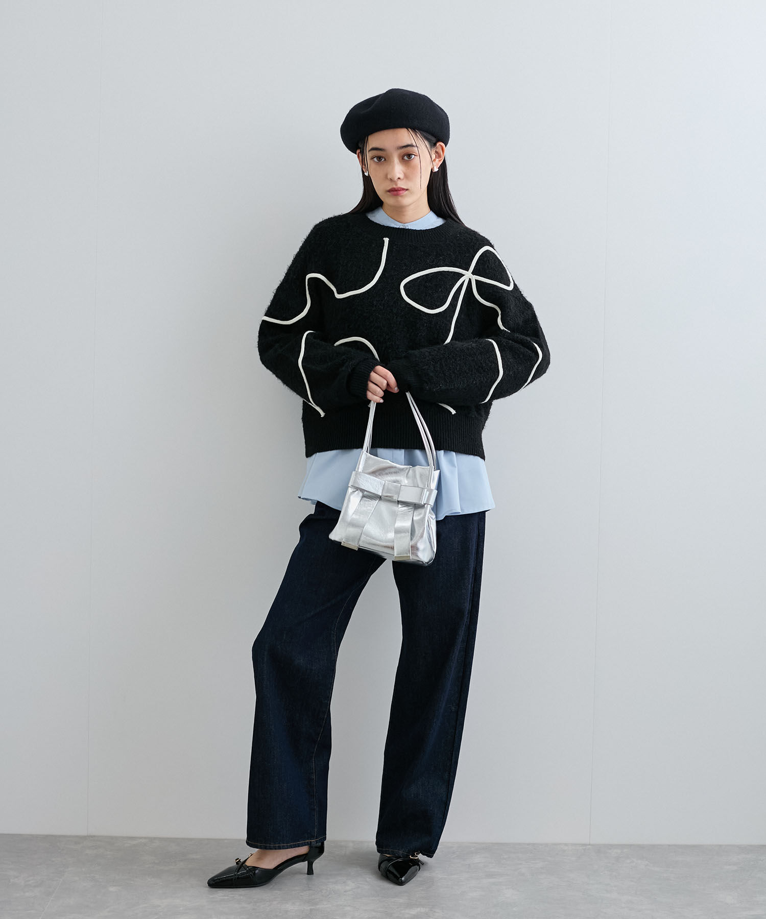 VIS「【洗える】ハート＆リボンコード刺繍ニットプルオーバー」|ニット・セーター|