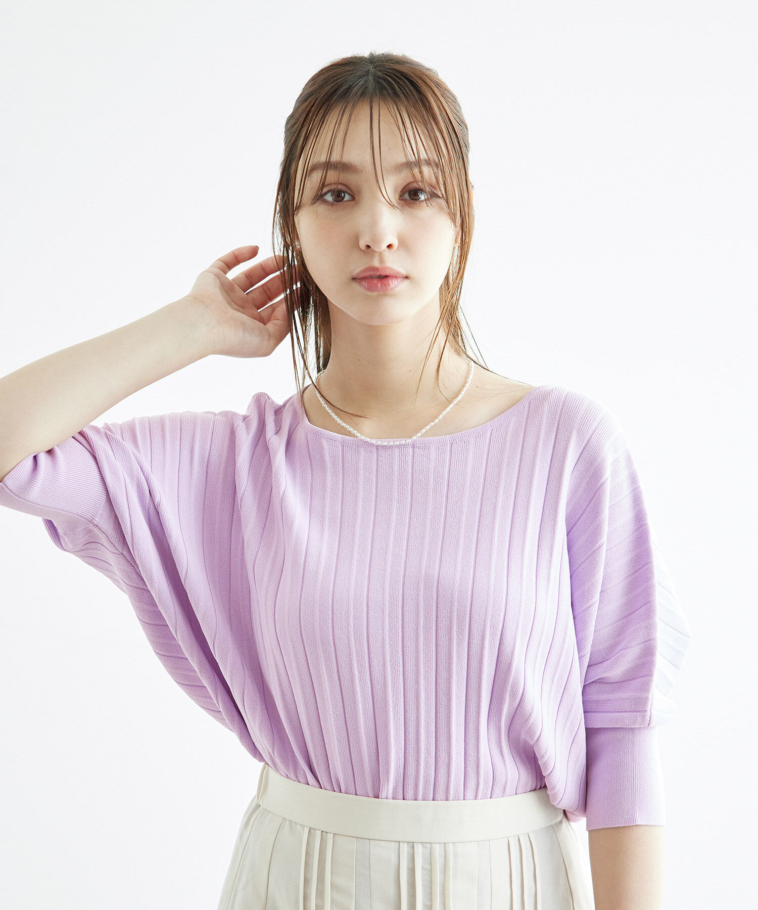 Rope&rsquo;Picnic「プリーツドルマンニットプルオーバー/UVカット・洗濯機OK」|ニット・セーター|ラベンダー(52)