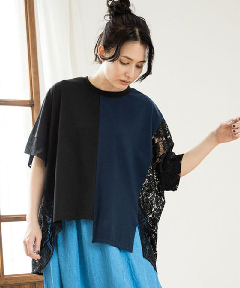  「レース切替ビッグTシャツ」|Tシャツ・カットソー|BLACK&times;NAVY