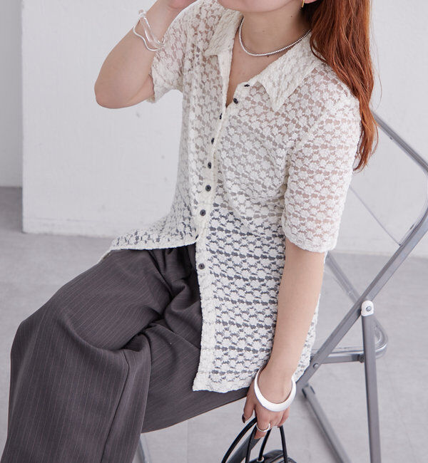  「衿付きレース半袖カーディガン」|Tシャツ・カットソー|オフホワイト