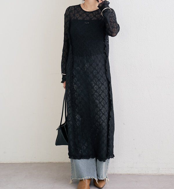  「カットレース切替ワンピース」|ワンピース|ブラック