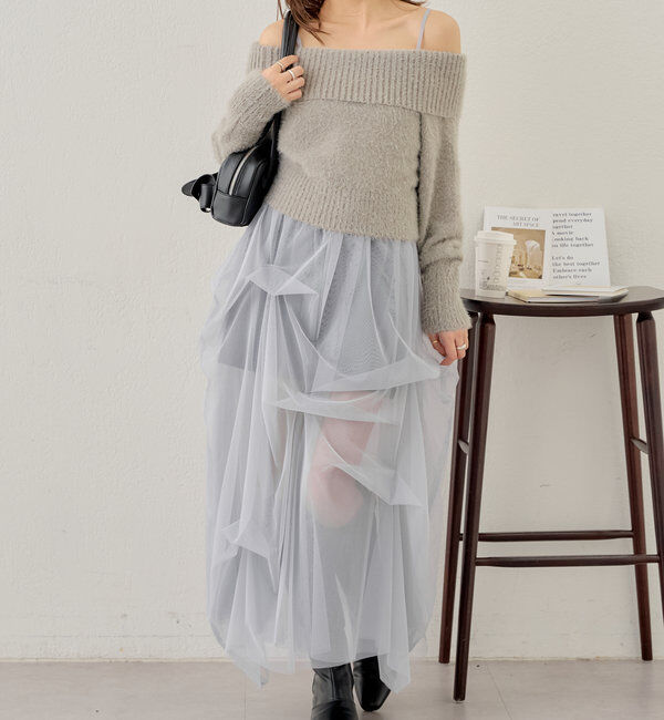  「【セットアイテム】オフショルニットセットチュールワンピース」|ワンピース|グレー