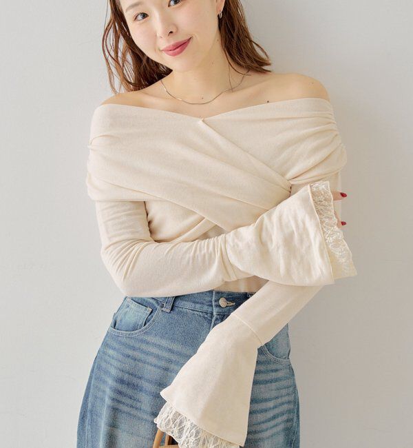  「袖フリルクロスワンショルトップス」|Tシャツ・カットソー|アイボリー