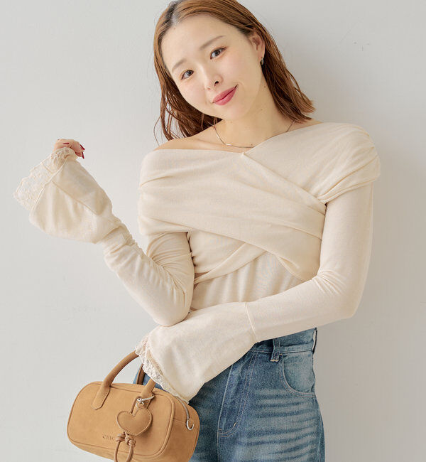  「袖フリルクロスワンショルトップス」|Tシャツ・カットソー|