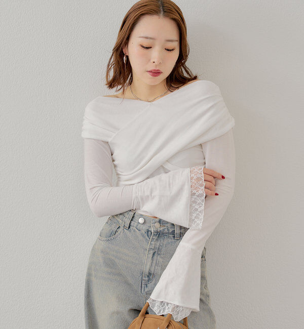  「袖フリルクロスワンショルトップス」|Tシャツ・カットソー|