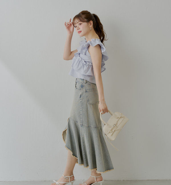  「【2サイズ展開】裾フリンジタイトフレアデニムスカート」|スカート|