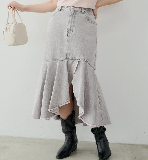  「【2サイズ展開】裾フリンジタイトフレアデニムスカート」|スカート|