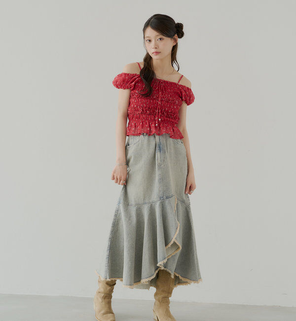  「【2サイズ展開】裾フリンジタイトフレアデニムスカート」|スカート|