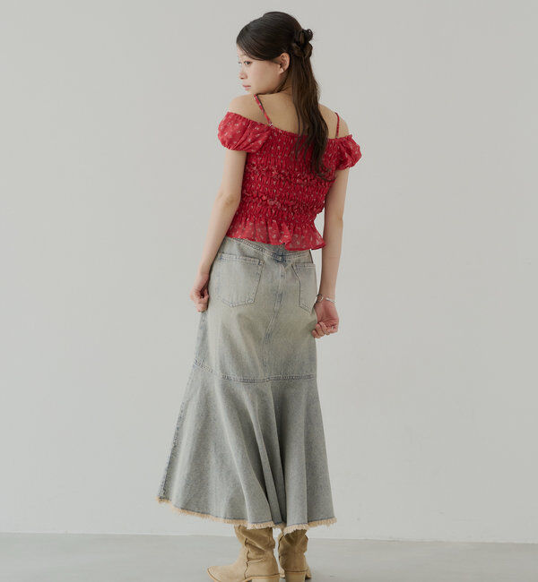  「【2サイズ展開】裾フリンジタイトフレアデニムスカート」|スカート|