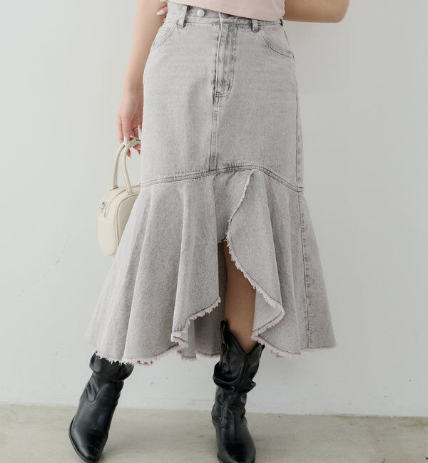  「【2サイズ展開】裾フリンジタイトフレアデニムスカート」|スカート|ピンクその他1