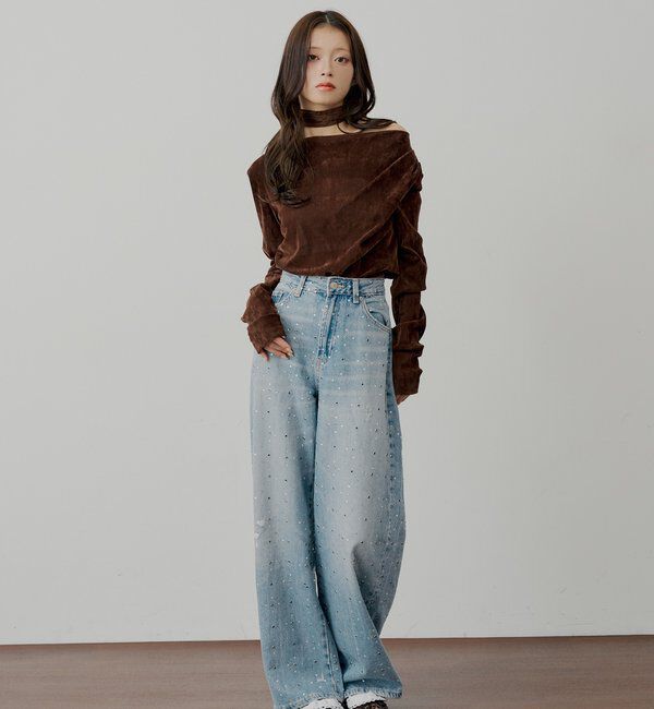  「【SALON by Chico】タイ付きベロアワンショルギャザートップス」|Tシャツ・カットソー|