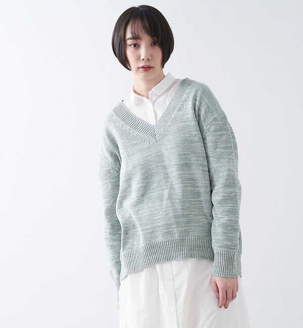 collex「綿アクリルVネックプルオーバーニット」|ニット・セーター|モスグリーン
