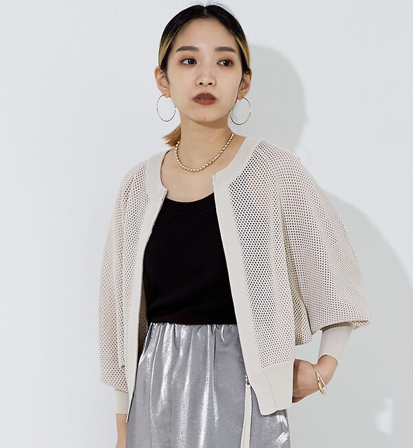 NOMINE「ラメメッシュ２WAY ZIPニットブルゾン」|カーディガン|グレージュ