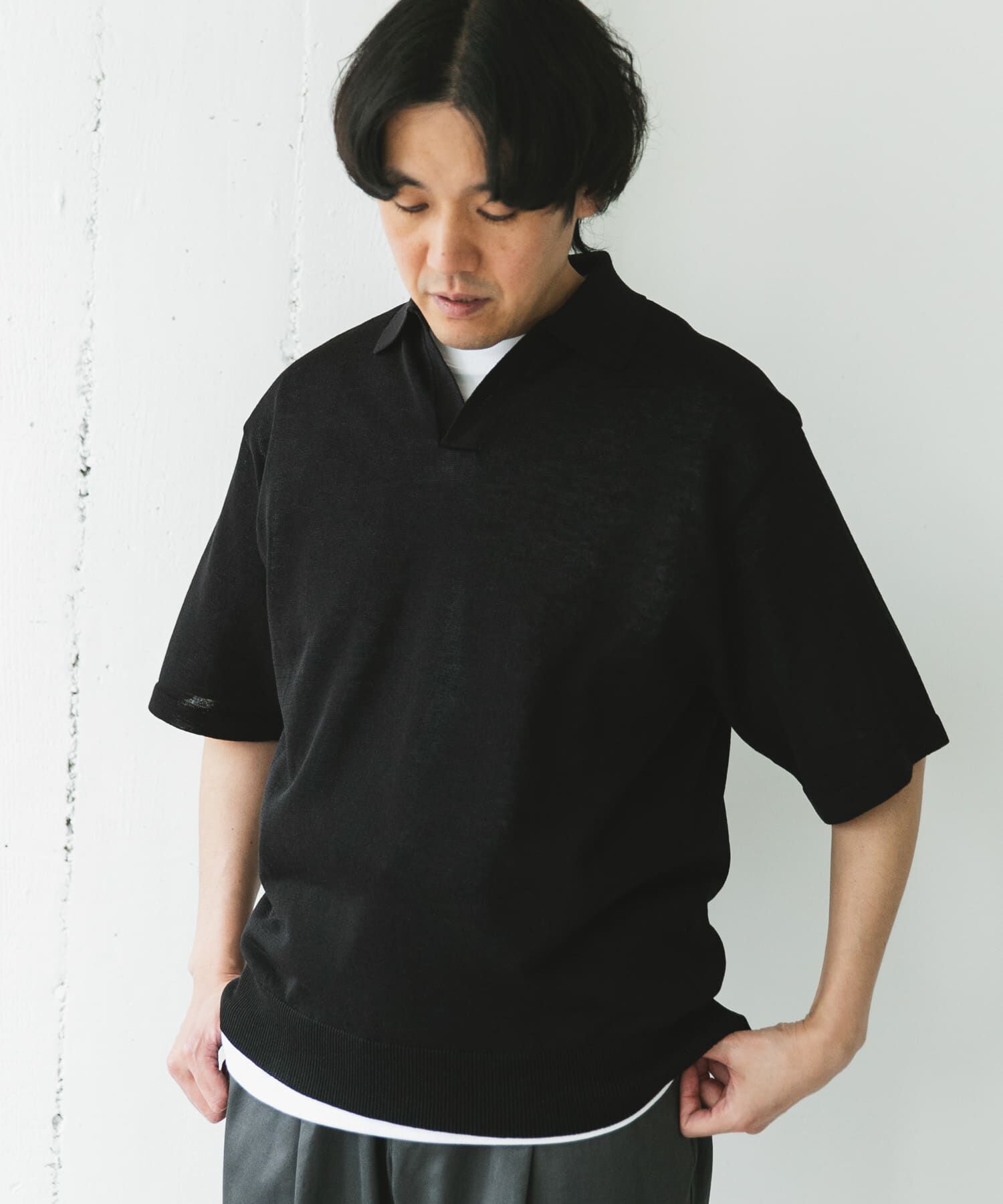 URBAN RESEARCH DOORS「リネン混ハイゲージ スキッパーニットポロシャツ」|ポロシャツ|