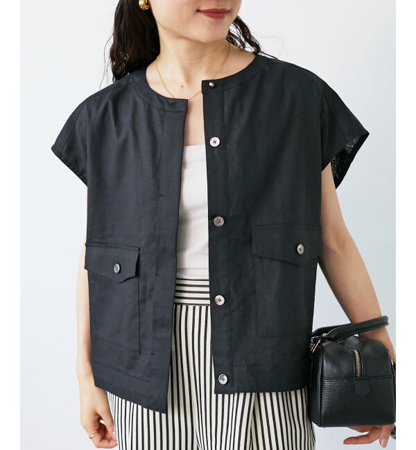  「《手洗い可能》コットン麻ノーカラーシャツジャケット」|ダウン|